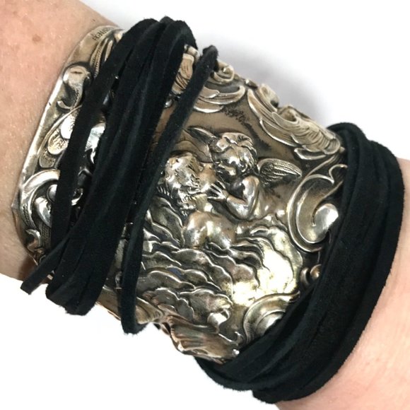 Antique Obsessions Jewelry - Antique Sterling Silver 925 Cuff Tie Wrap Bracelet Victorian Cherub Putti Biker